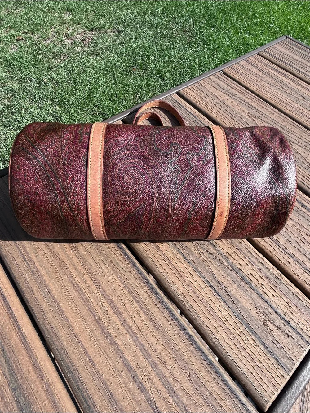 Etro Bordeaux Paisley Barrel Bag Coated Canvas Leather Trim Vintage Y2K Italy
